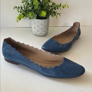 Chloe Scalloped Blue Leather Flats